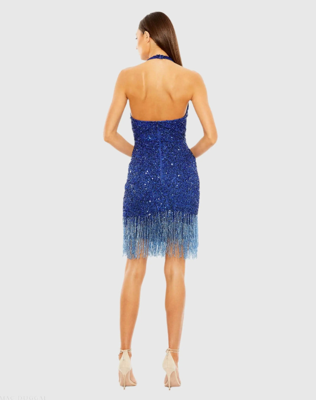 Blue Cross Front Keyhole Top Beaded Fringe Mini Dress