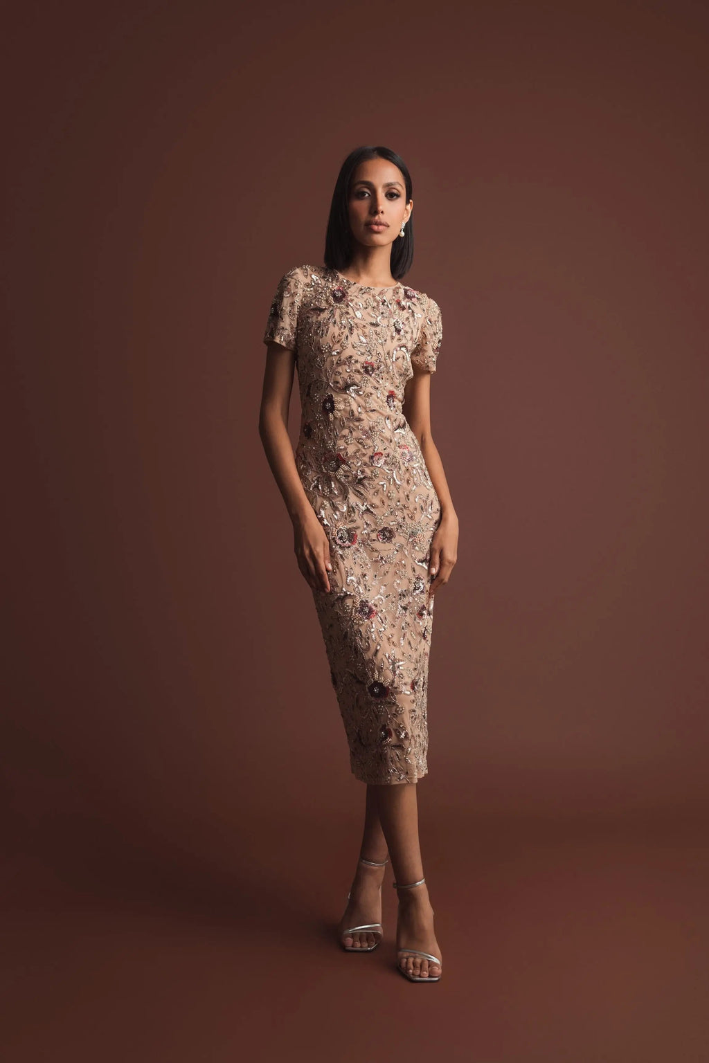 Beige Floral Embellished Short Sleeve Midi Dress