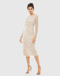 Beaded Tea Length Dress w/ Sheer Sleeves