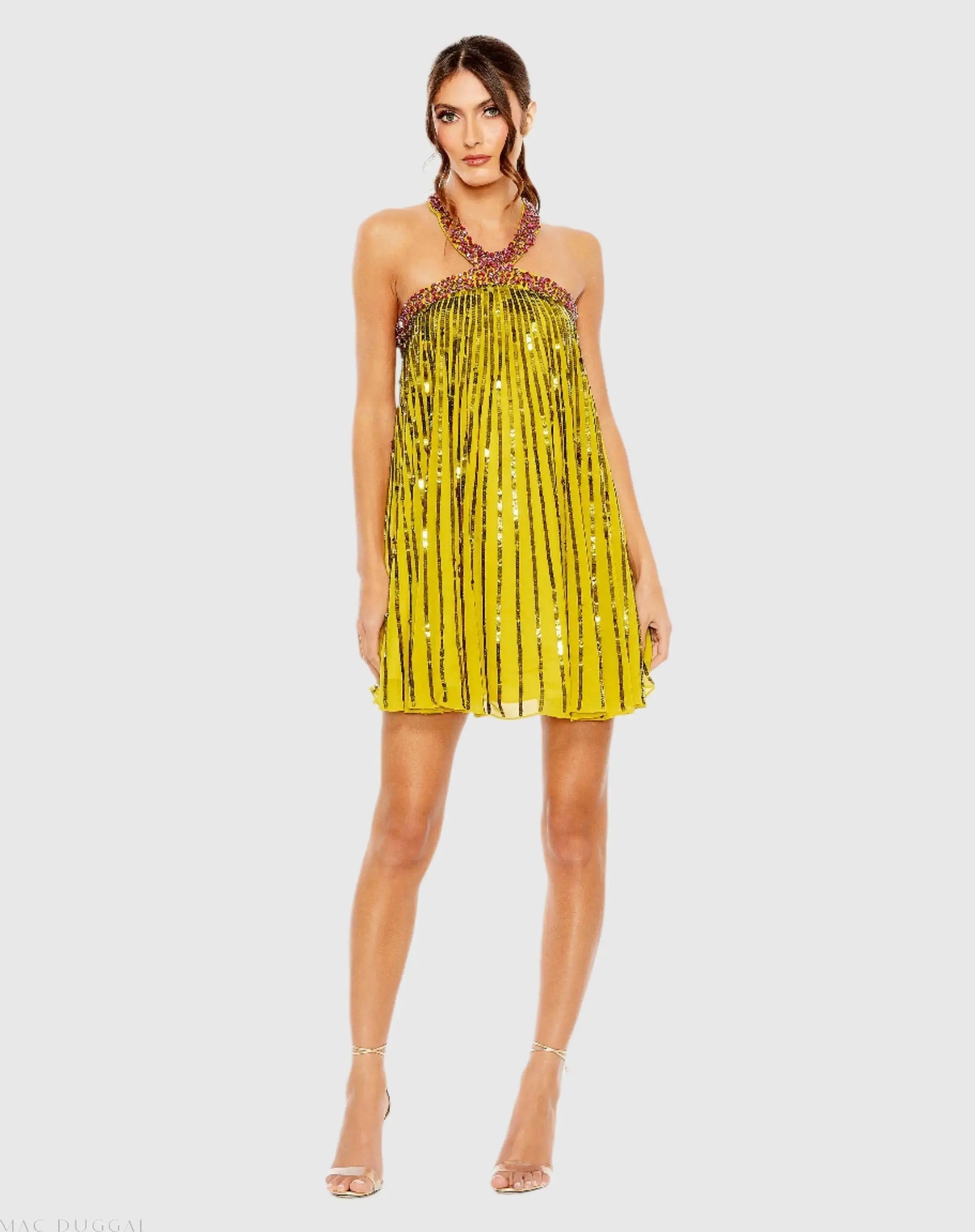 High Neck Open Back Embellished Trapeze Dress