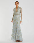 Beaded Queen Anne Lace Long Sleeve V-neck Trumpet Gown