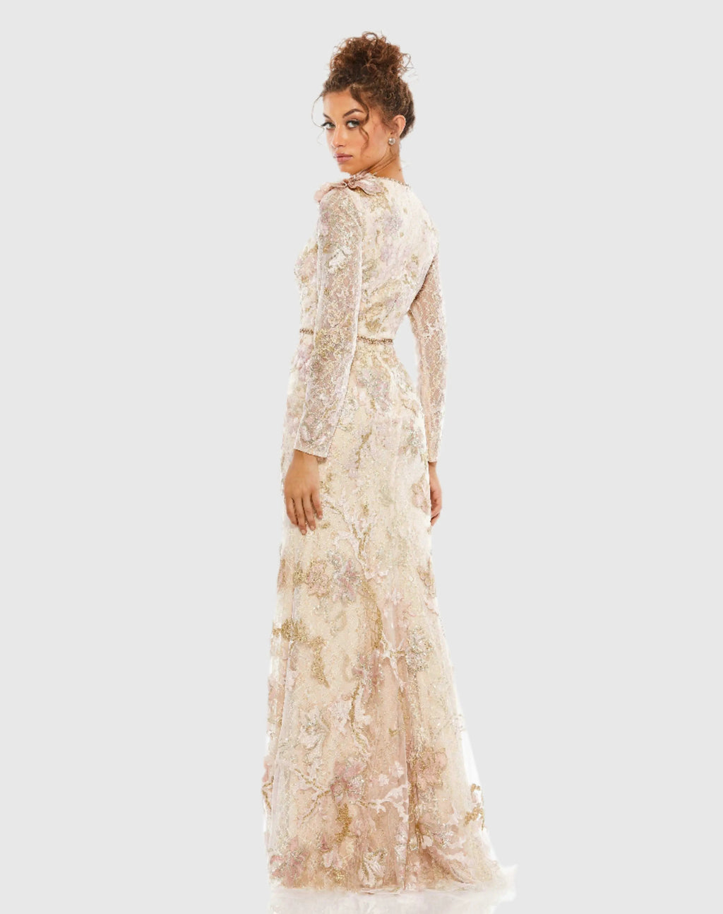 Pink and Beige Embroidered Lace Trumpet Evening Dress