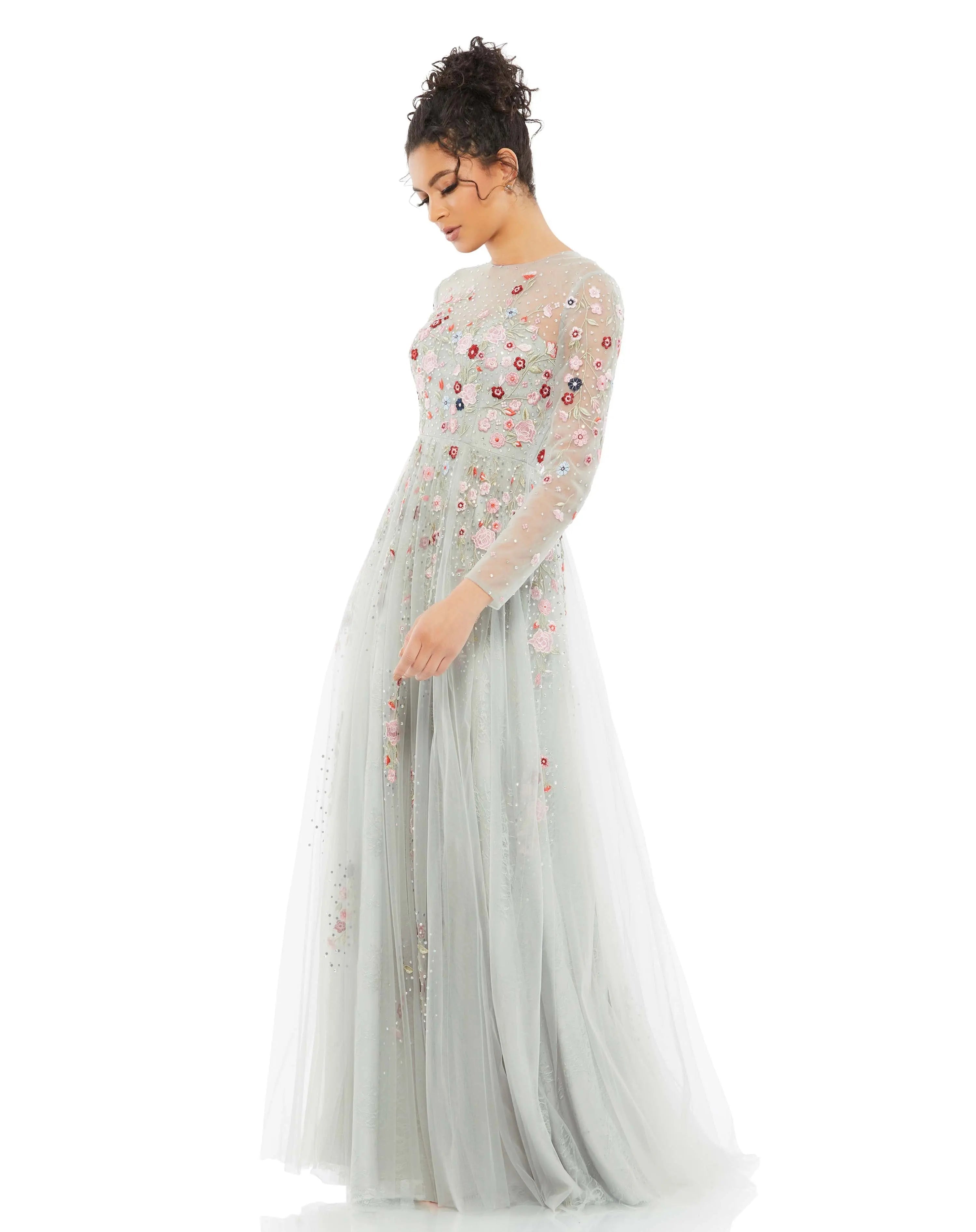 Gray Embroidered Illusion High Neck Long Sleeve A Line Gown