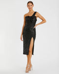 Black Sequined One Shoulder Front Bow Dress
