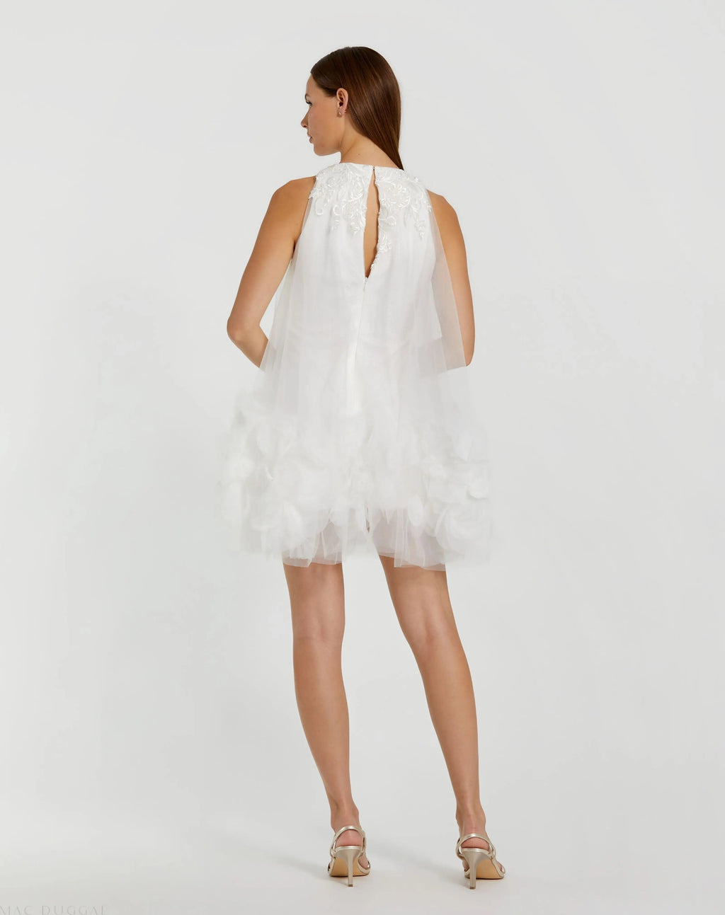White Halter Neck Flowy Petal A Line Mini Dress