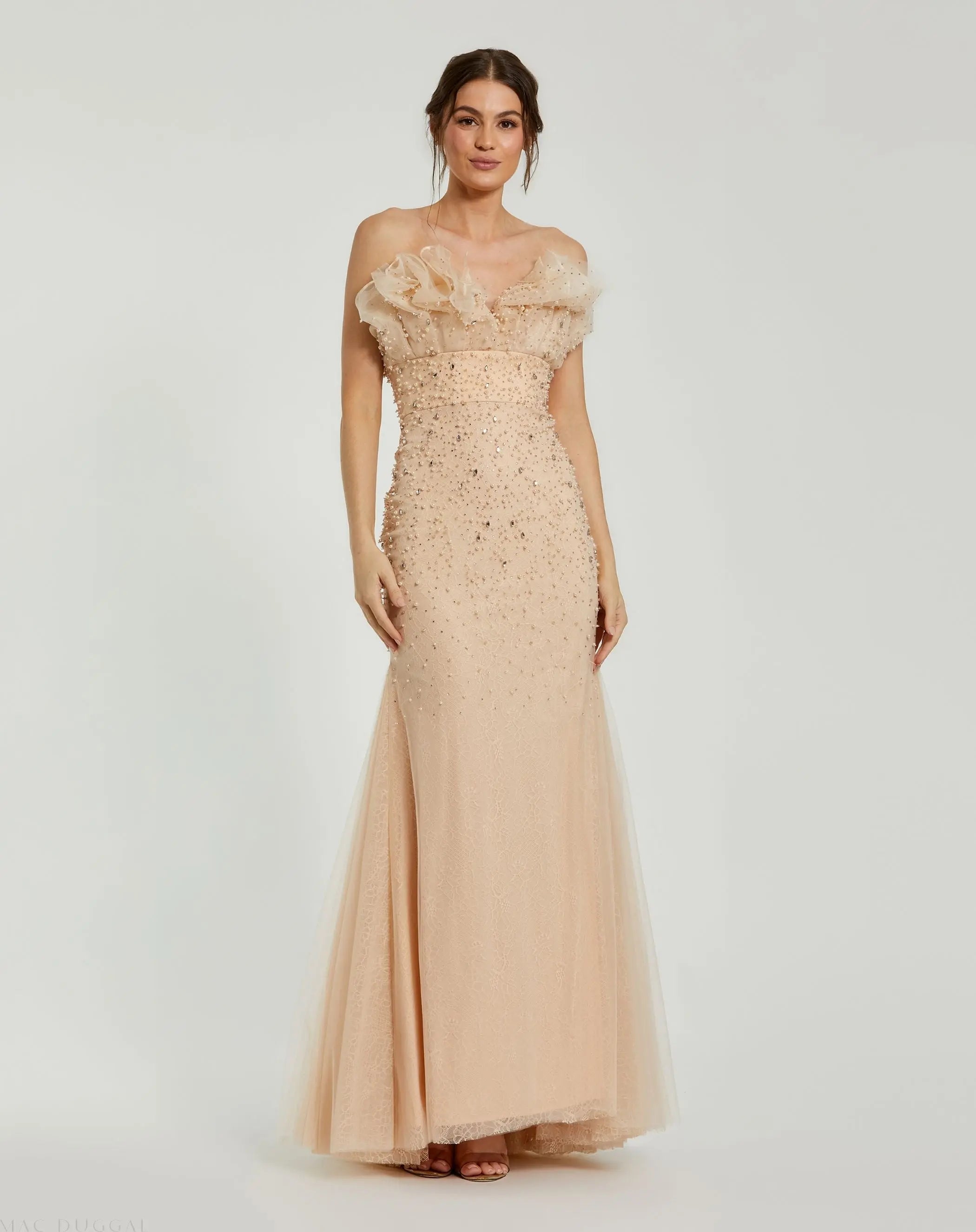 Beige Strapless Embellished Tulle Mermaid Gown