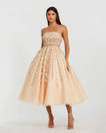 Beige Embellished Lace Strapless A Line Midi Dress