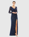 Long Sleeve Ruched Sequined V-Neck Gown