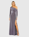 Gray Side Twist Drop Shoulder Beaded Cuff Gown