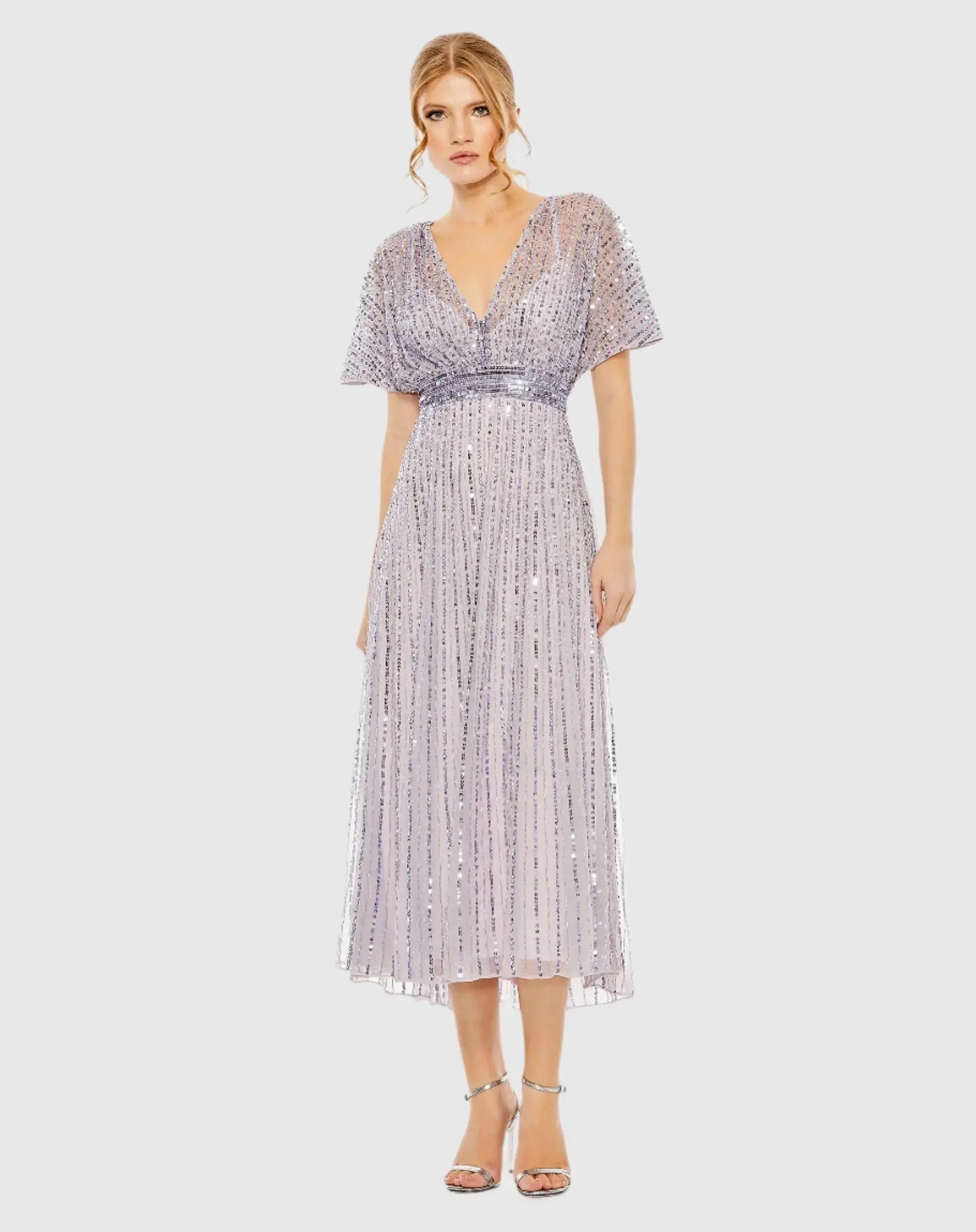 Purple Embellished Short Sleeve Empire Waist Dress