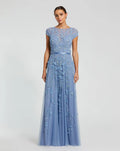 Blue Floral Embellished Cap Sleeve Gown