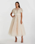 Beige Embellished Flutter Sleeve Bow Waist A Line Dress