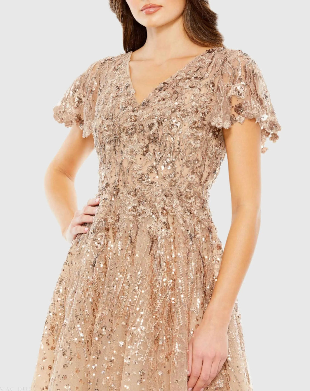 Beige Embellished Butterfly Fit and Flare Tea-Length Dress