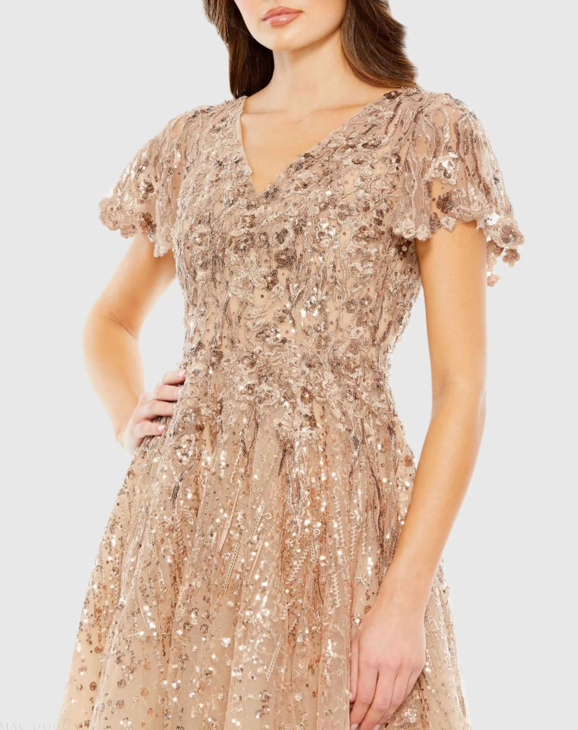 Beige Embellished Butterfly Fit and Flare Tea-Length Dress