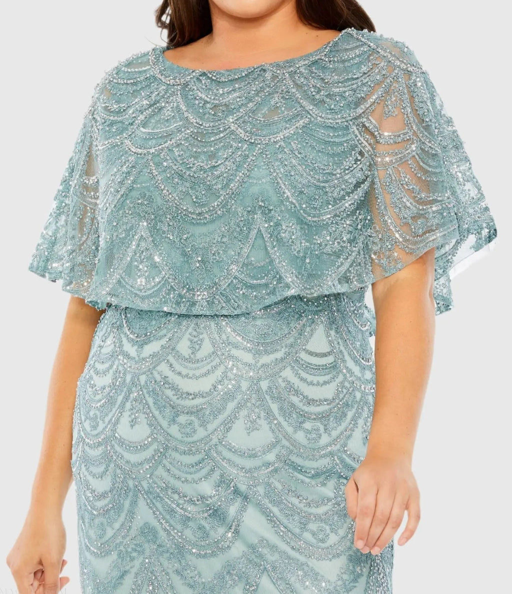 Blue High Neck Embellished Column Dress With Cape (Plus)