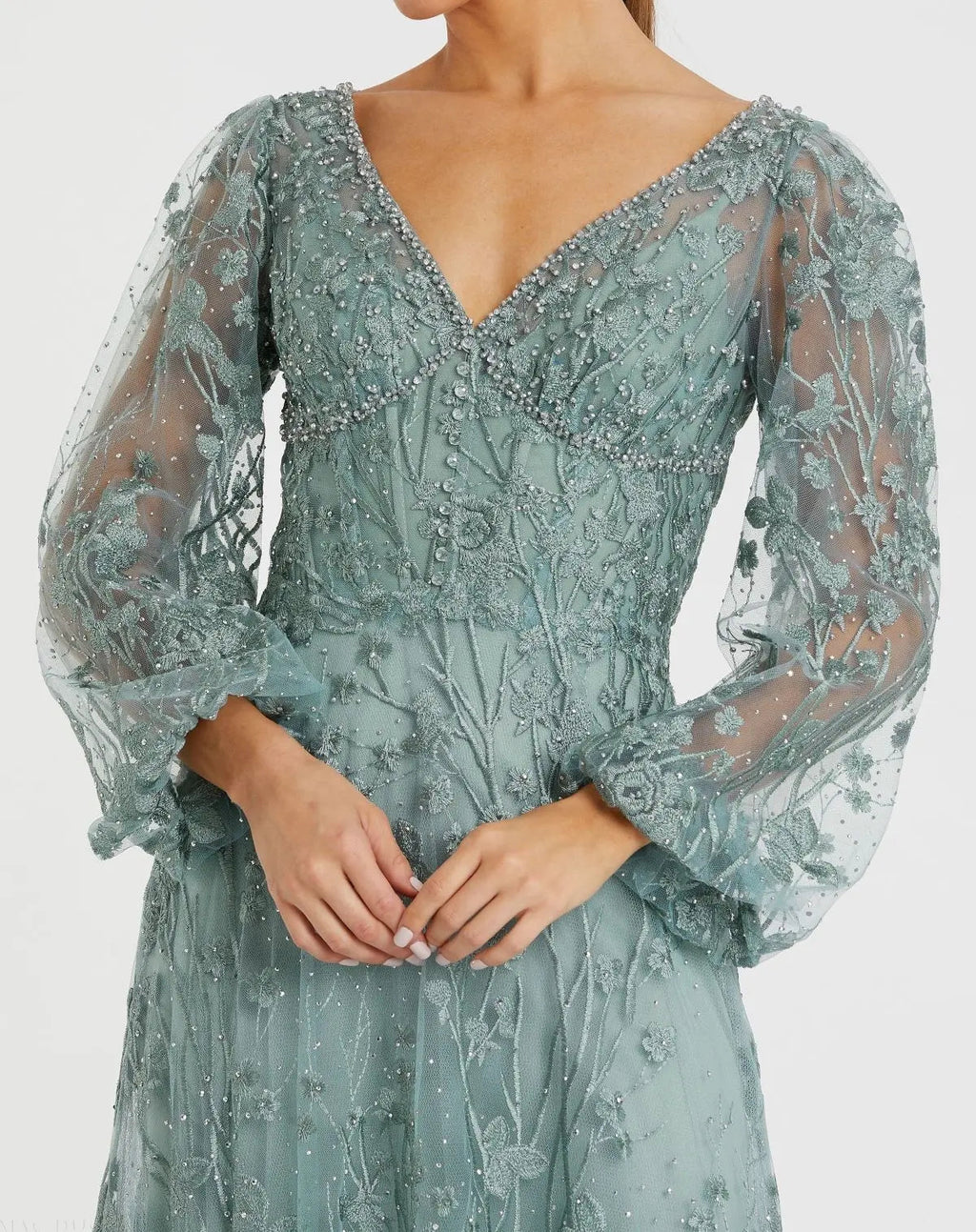 Green V-Neck Embroidered A-line Tea Length Dress