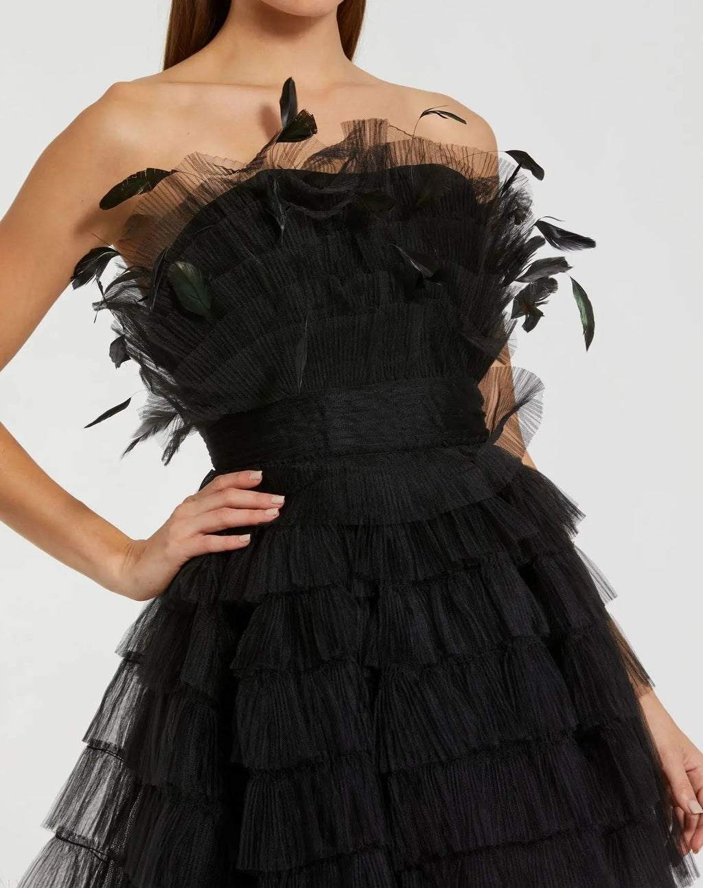 Black Feathered Strapless Tulle Fit and Flare Dress - FINAL SALE