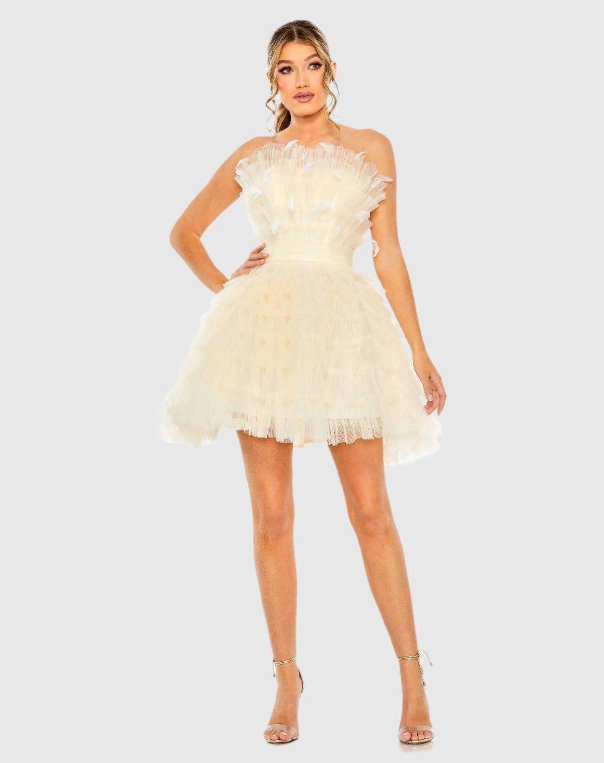 Women's Beige Dress Strapless - White Ruffle