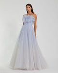 Blue Ombre Strapless Feather Bodice Tulle Gown