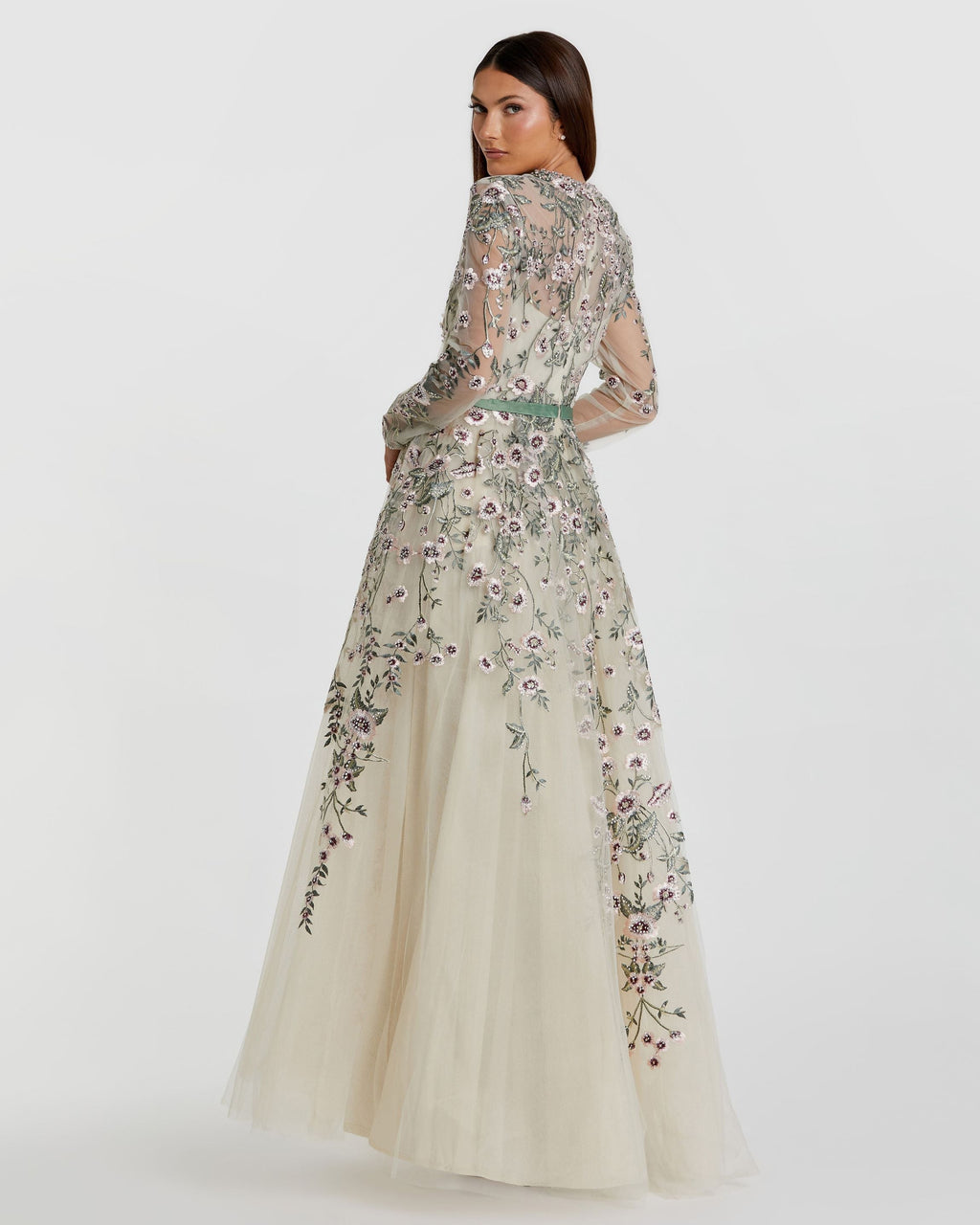 Multicolor Long Sleeve Floral Embellished A-Line Gown