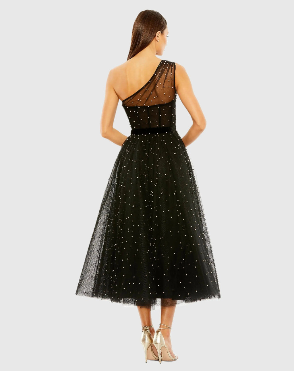 Black One Shoulder Pearl Beaded Midi Ballgown
