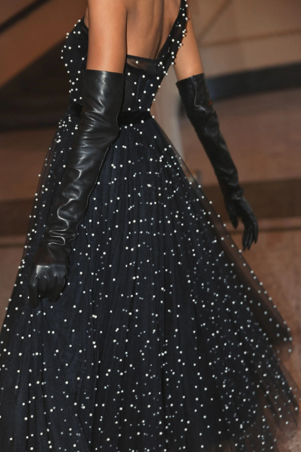 Black One Shoulder Pearl Beaded Midi Ballgown