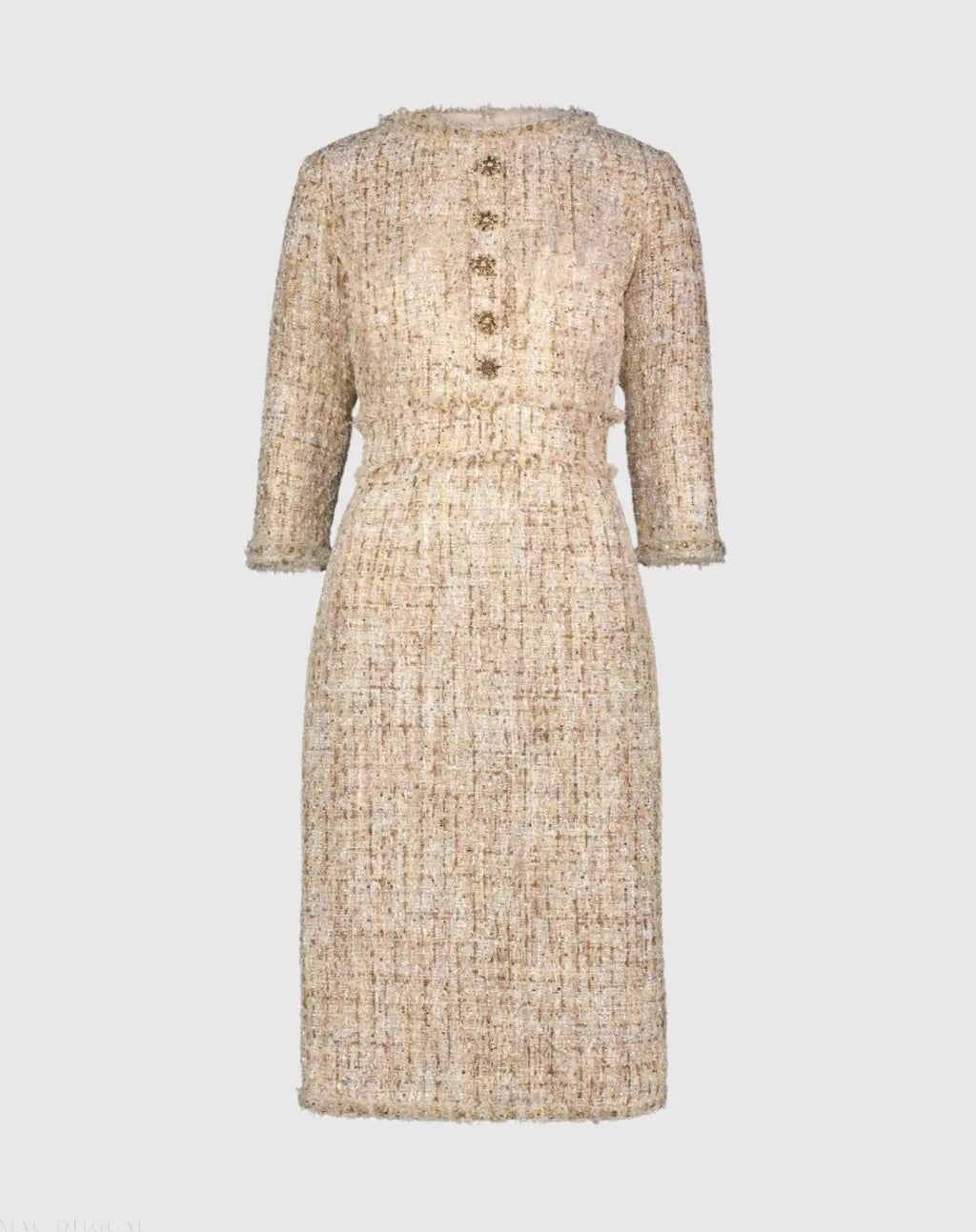 Beige 3/4 Sleeve Beaded Trim Patch Pocket Tweed Midi Dress