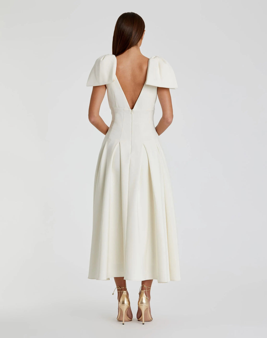 Ivory Crepe A Line Midi Dress With Bow Straps