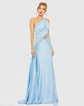 Blue One Shoulder Charmeuse Gown With Beaded Cutout