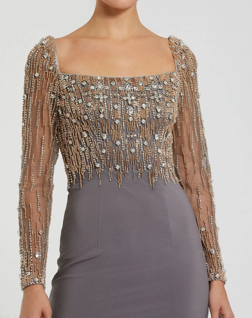 Gray Beaded Square Neck Long Sleeve Jersey Gown