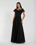 Black Satin Flutter Sleeve Gown With Neckline Beading