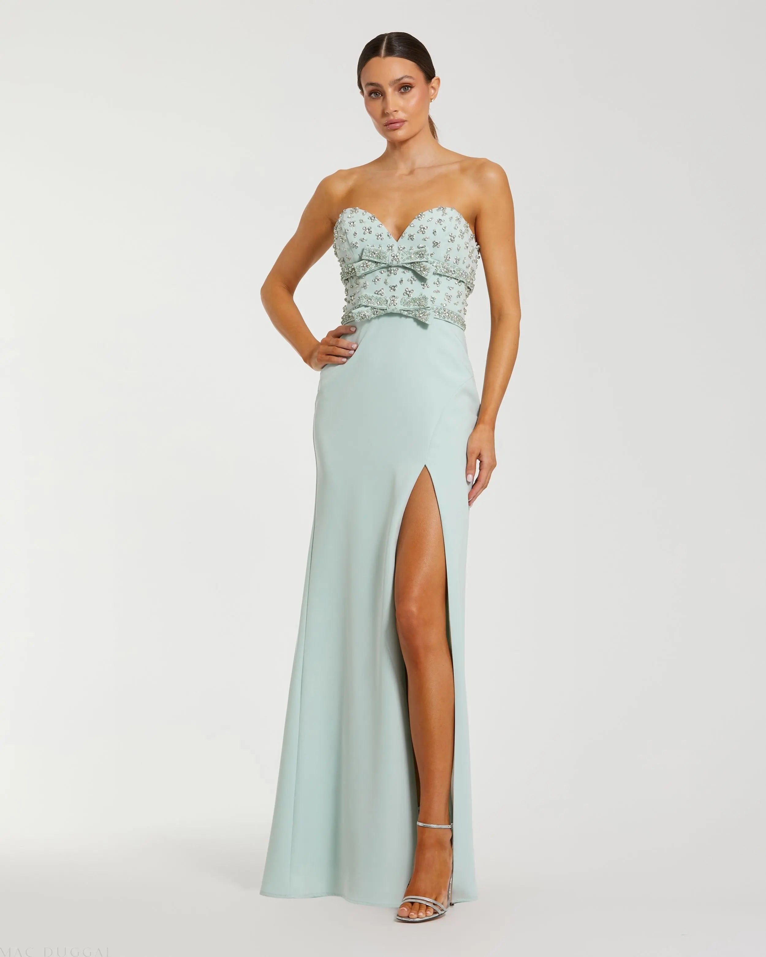 Green Strapless Rhinestone Bodice Crepe Gown