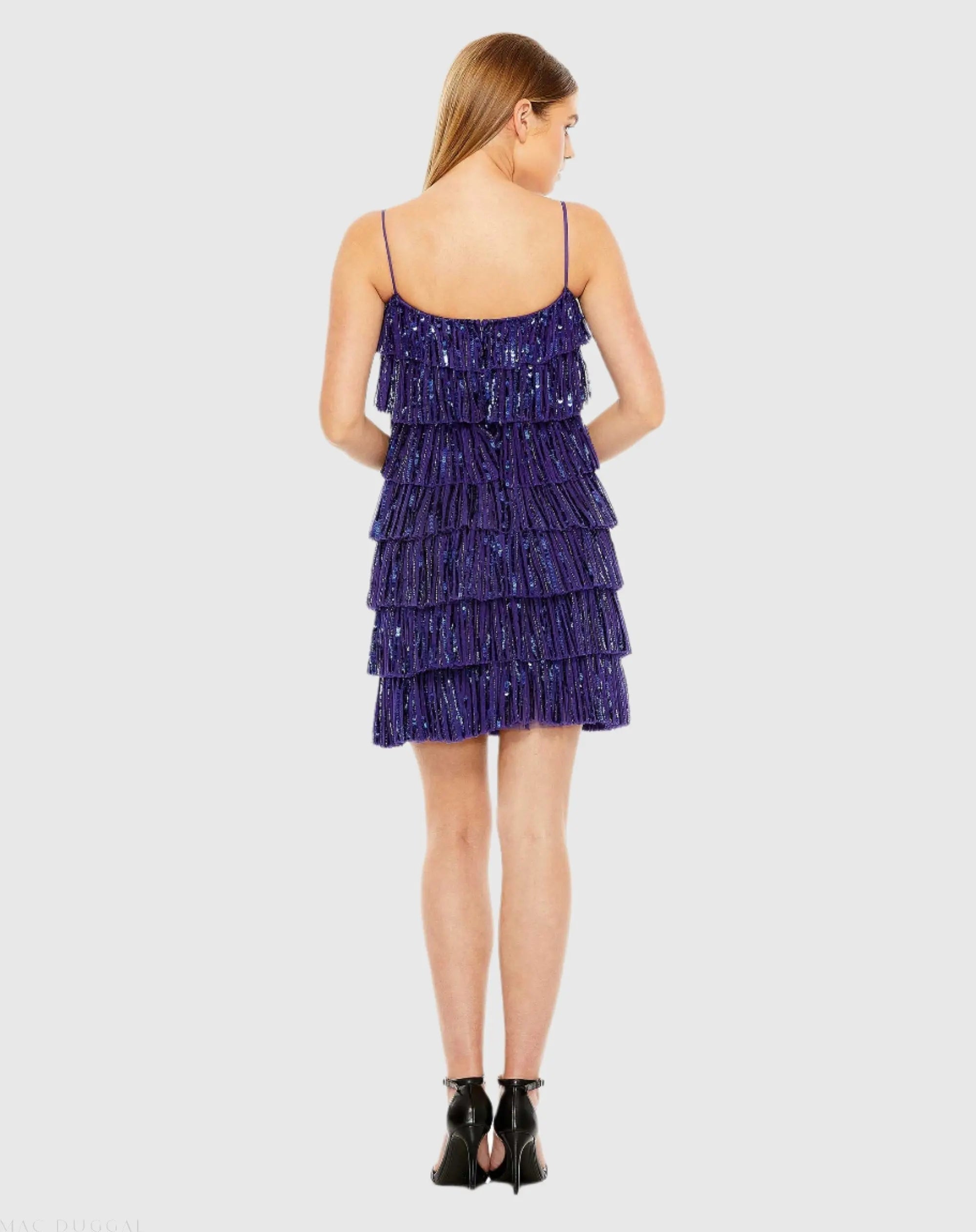 Blue Beaded Strap Sequin Ruffle Mini Dress