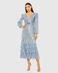 Blue A-Line V-Neck Sequin Ruffle Dress