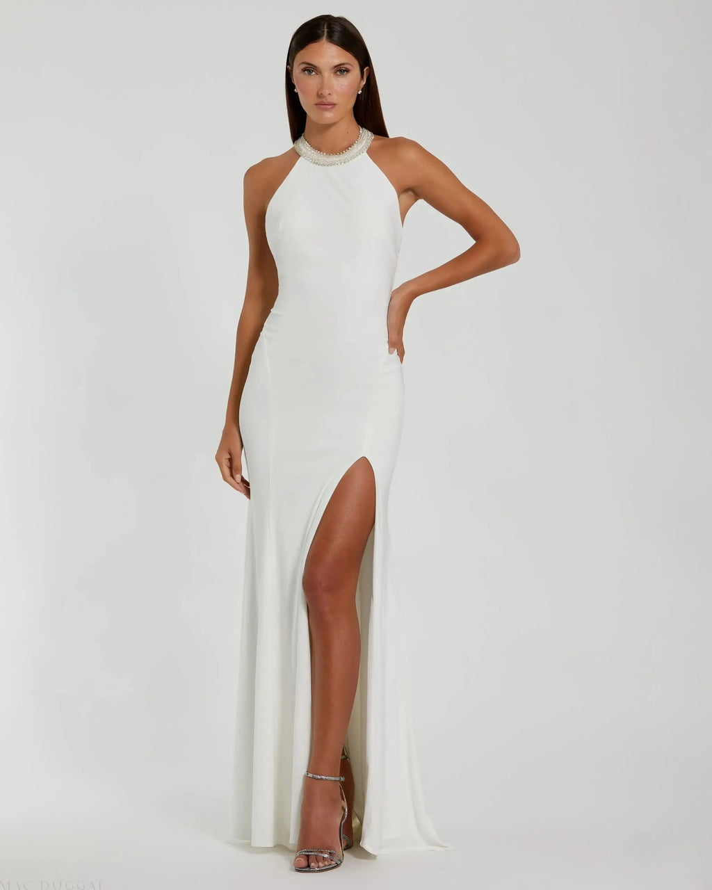 White Beaded Halter Jersey Gown