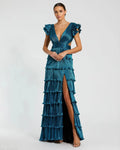 Blue Ruffle Tiered Criss Cross Lace Up Gown
