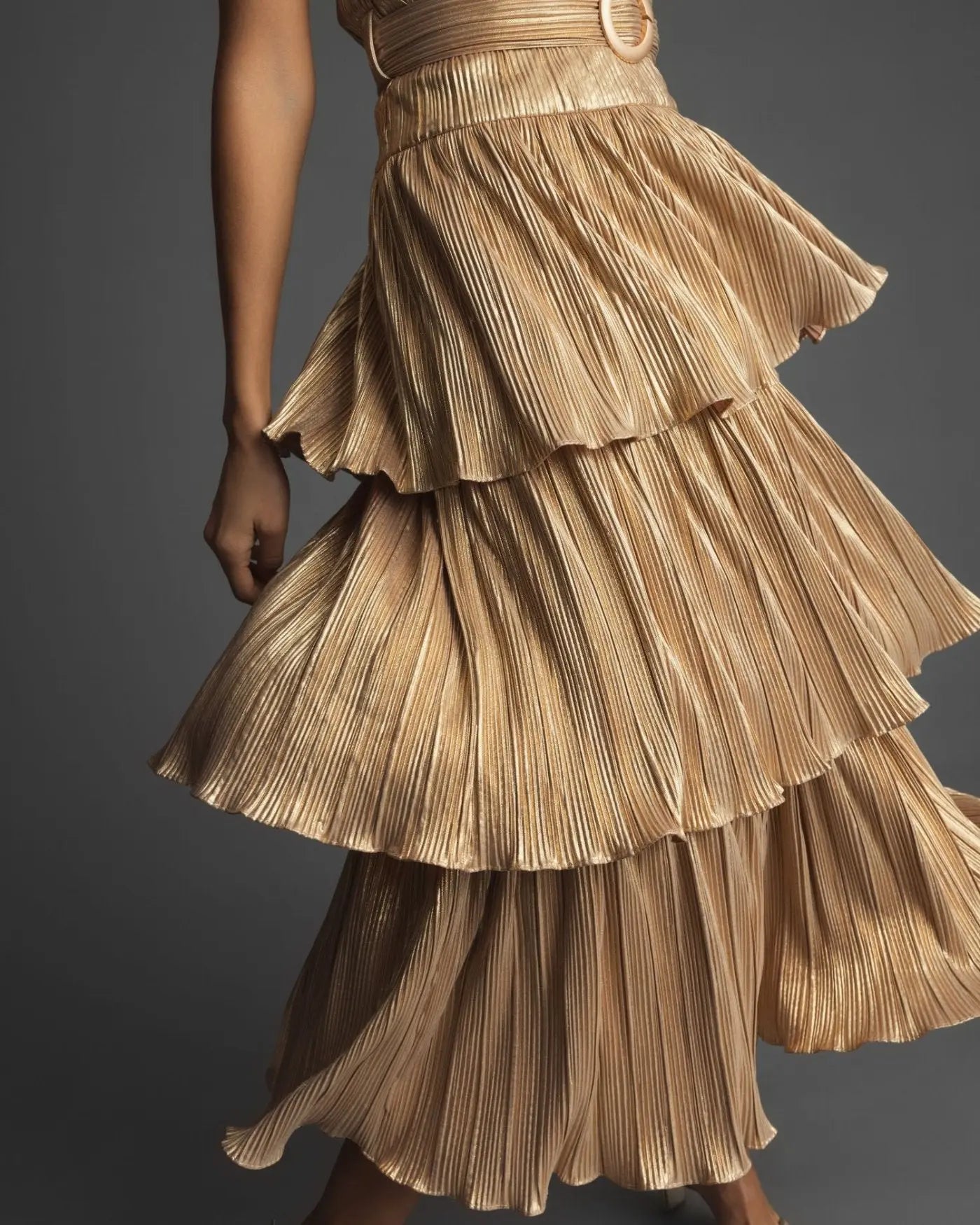 Gold Ruffle Tiered Buckle Detail Dress