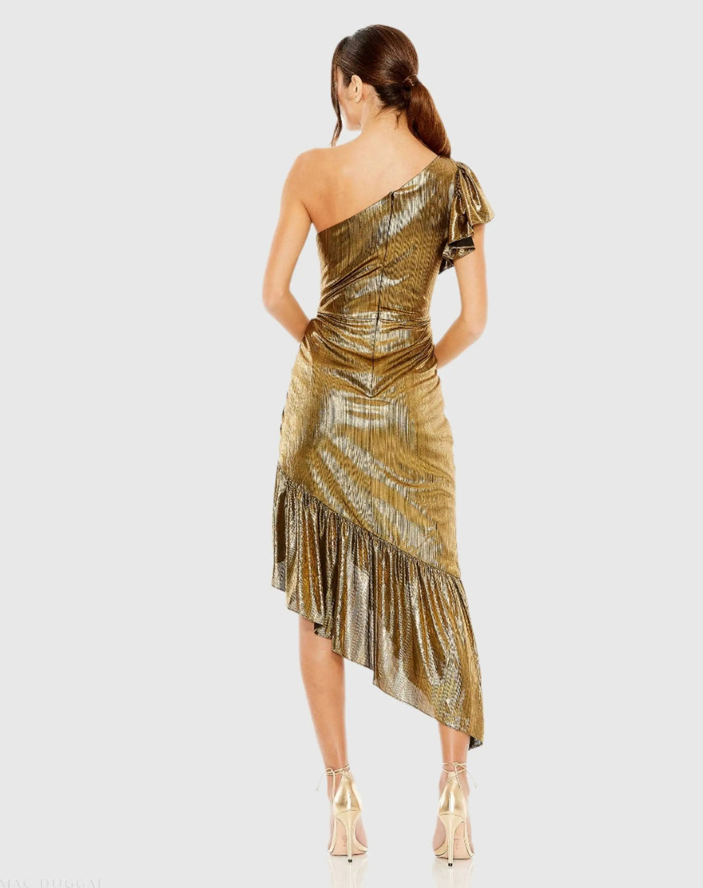 Gold One Shoulder Flutter Sleeve High Low Dress - Final Sale