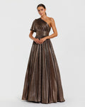 Brown One Shoulder Pleated Metallic Ball Gown