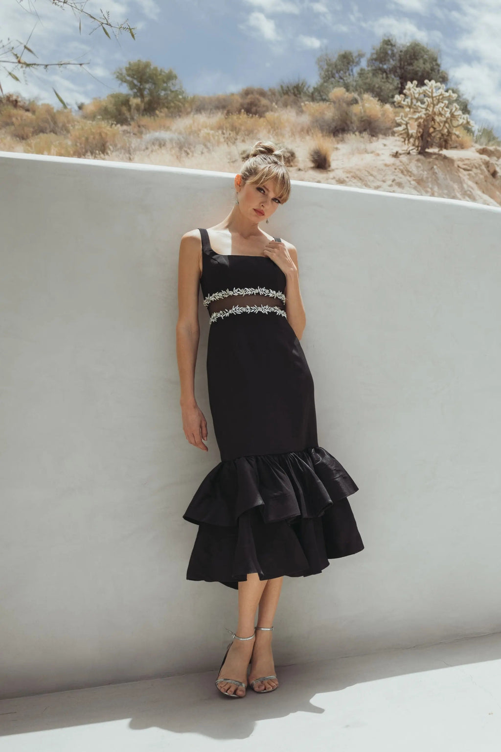 Black Crepe Ruffle Hem Midi Dress With Jewel Detail