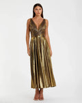 Gold Sleeveless V Neck Pleated Top Metallic Dress
