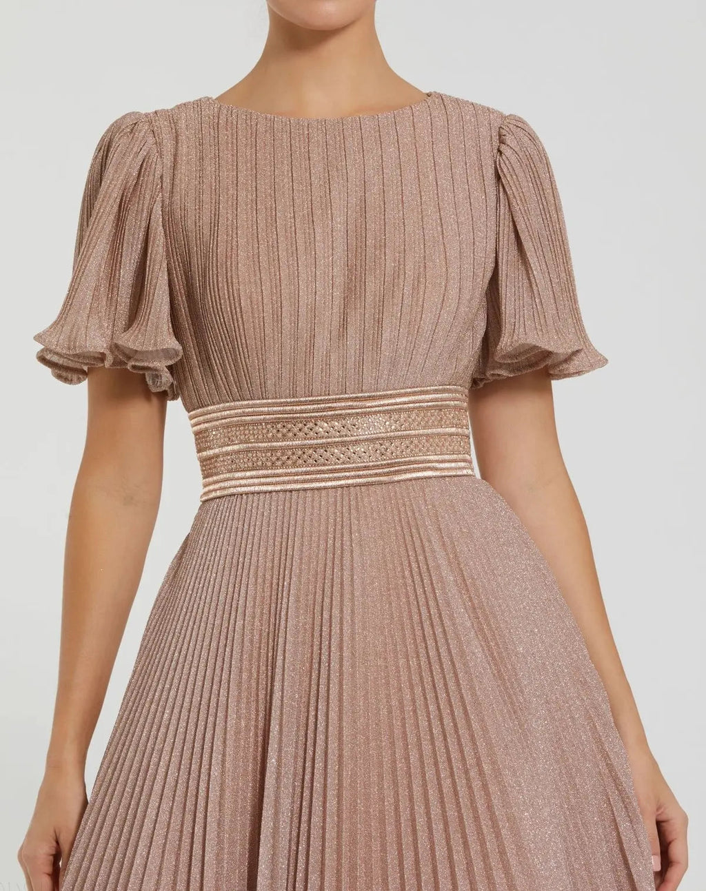 Pink Pleated Shimmering Flutter Sleeve Gown