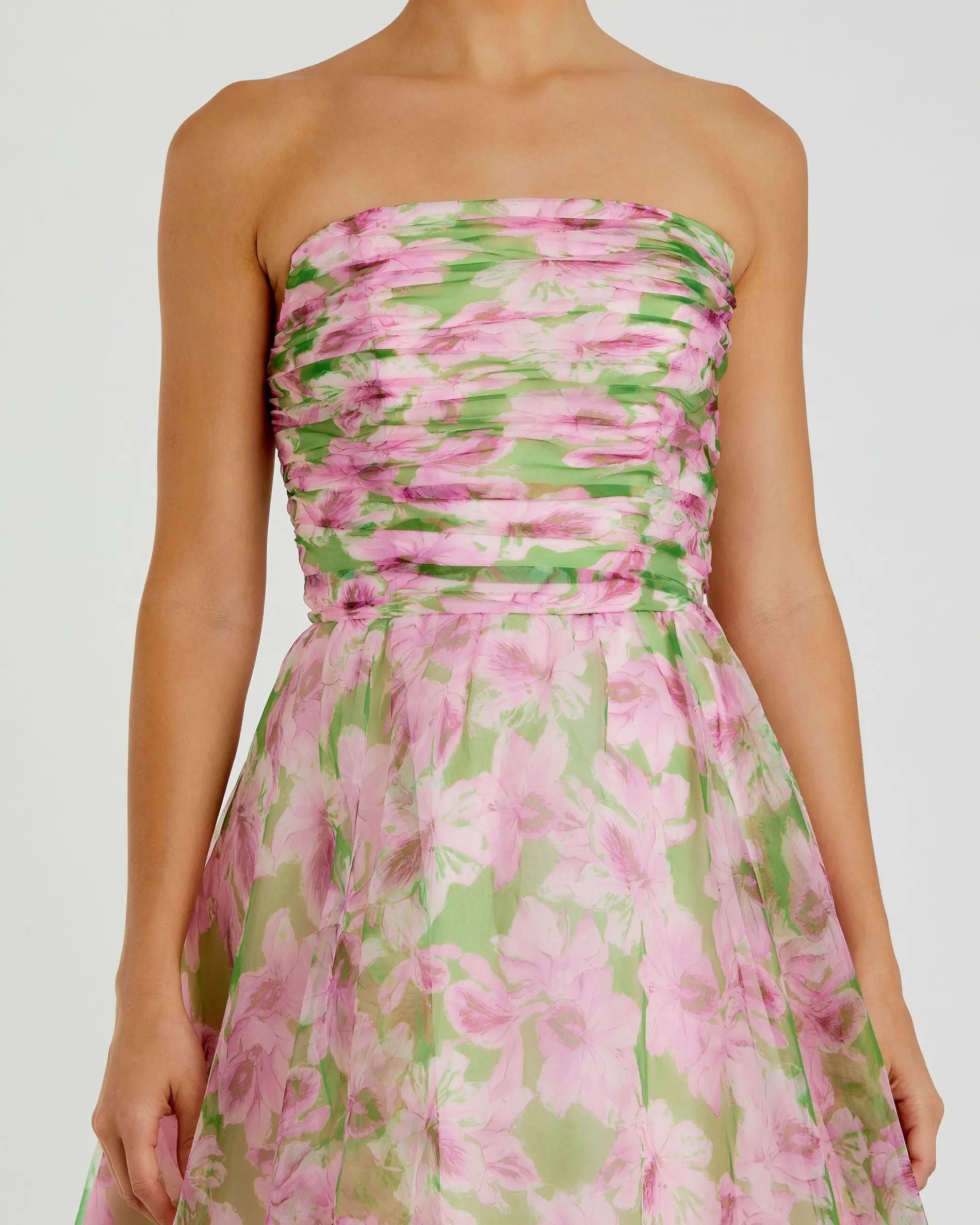 Pink Strapless Chiffon Gown With Ruched Detail