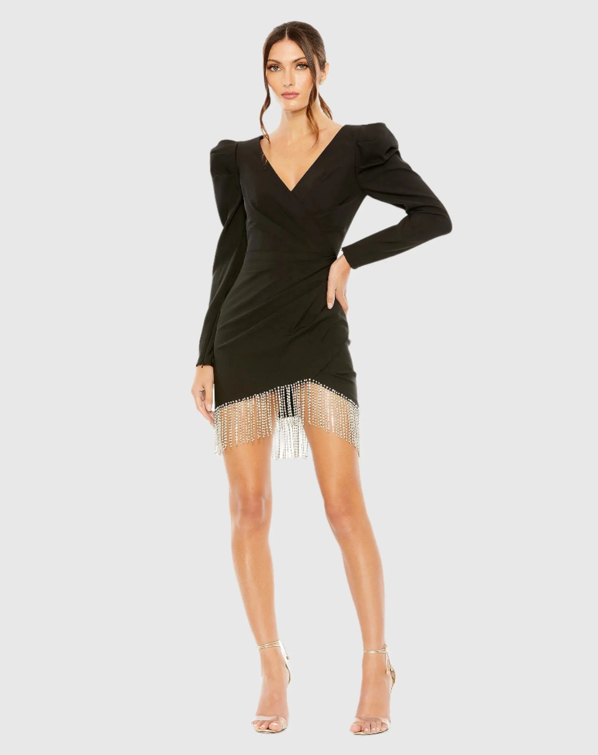 Black Faux Wrap Beaded Fringe Hem Mini Dress
