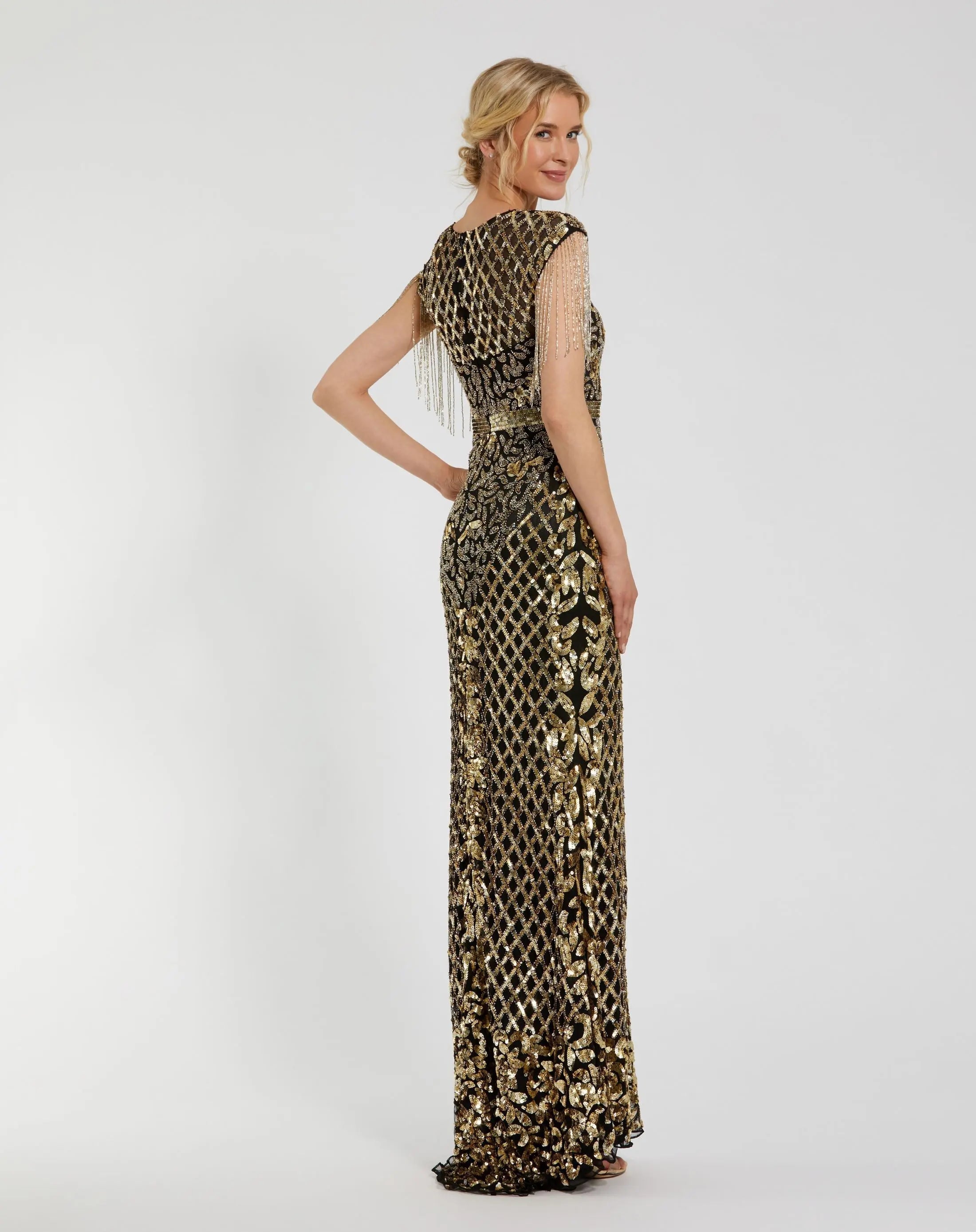 Black High Neck Sleeveless Beaded Fringe Fitted Gown