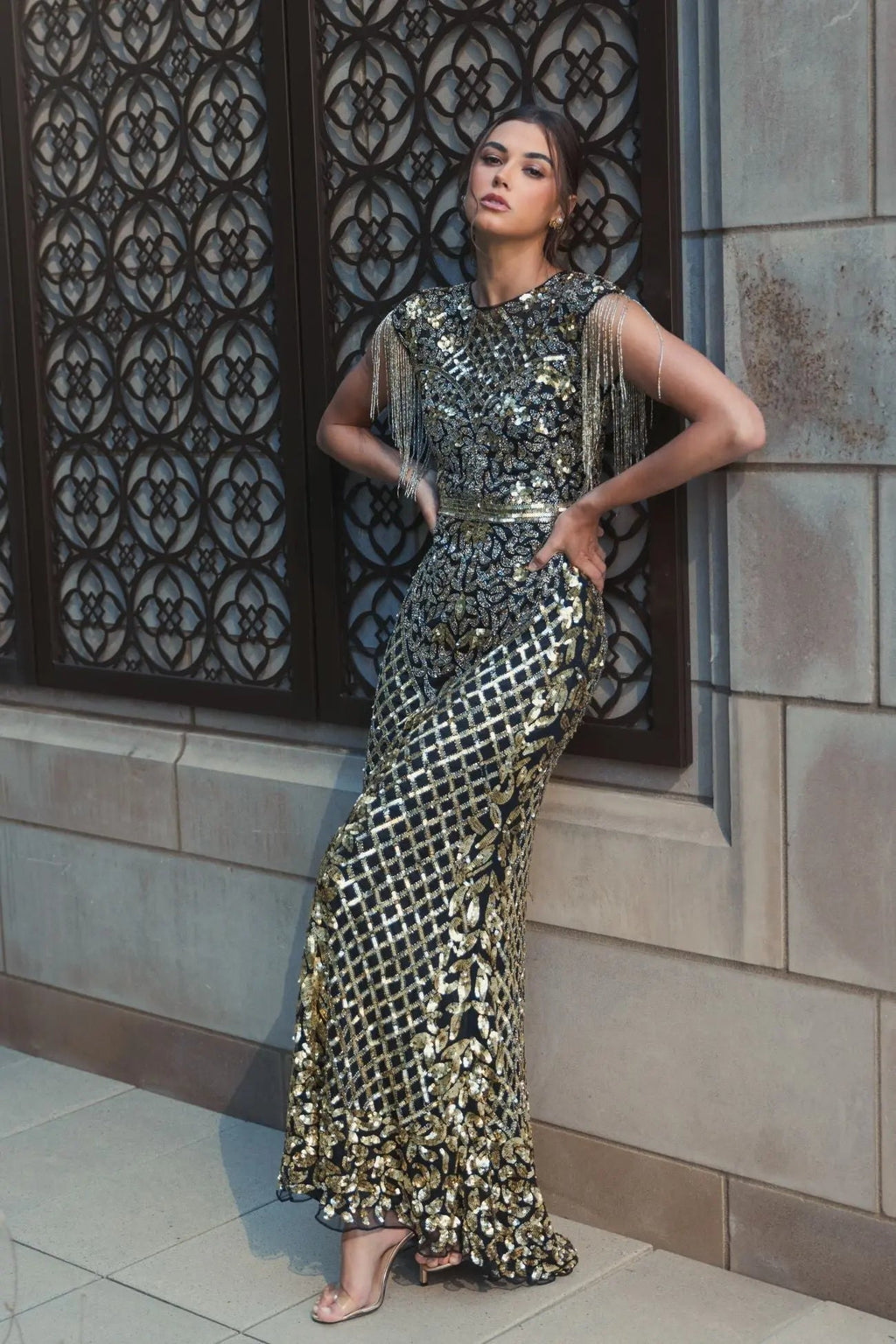 Black High Neck Sleeveless Beaded Fringe Fitted Gown