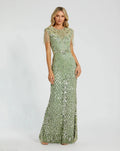 Green High Neck Sleeveless Beaded Fringe Fitted Gown