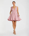 Pink Crepe Sleeveless V Neck Mini Dress With Bow