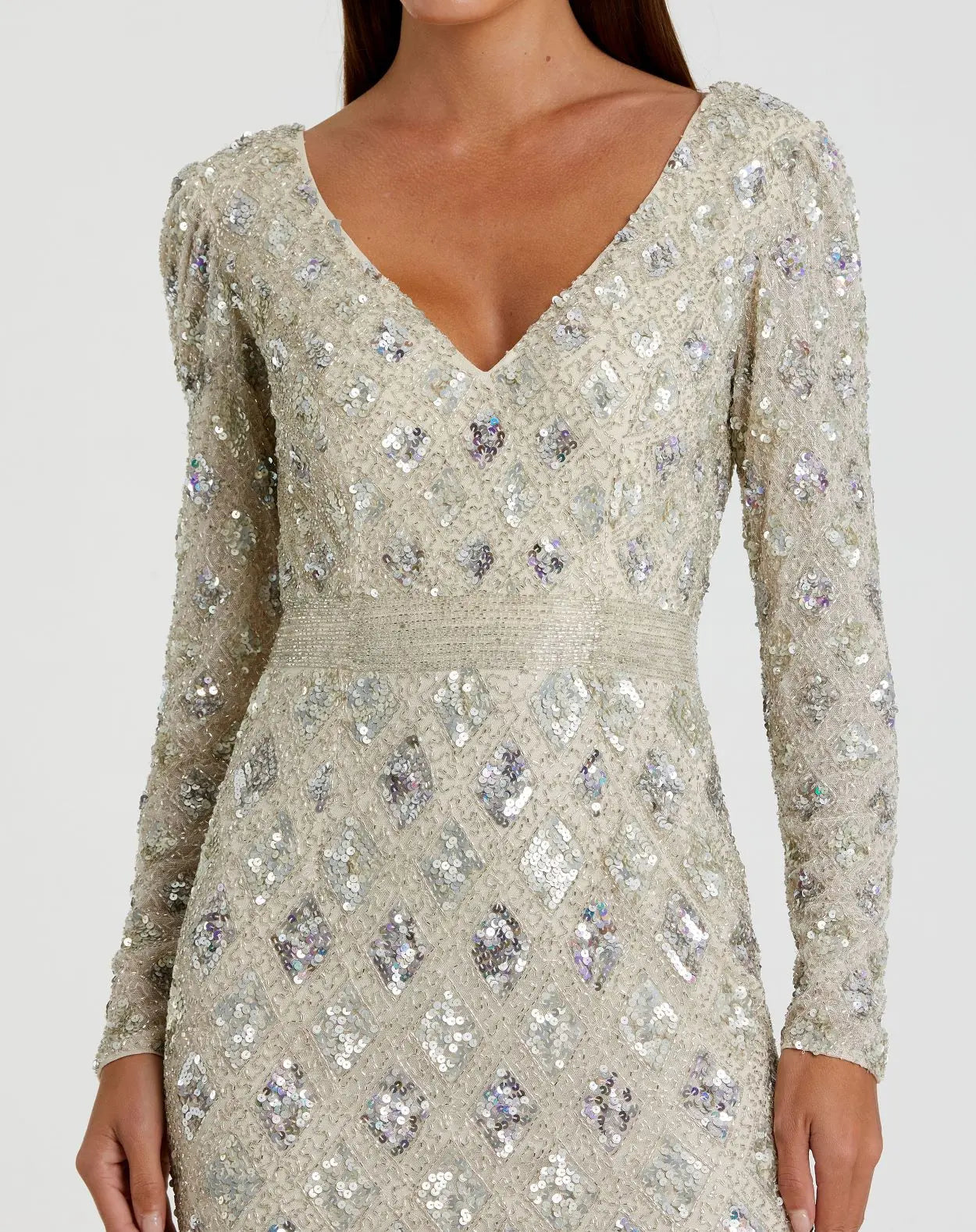 Silver Geometric Embellished Evening Gown