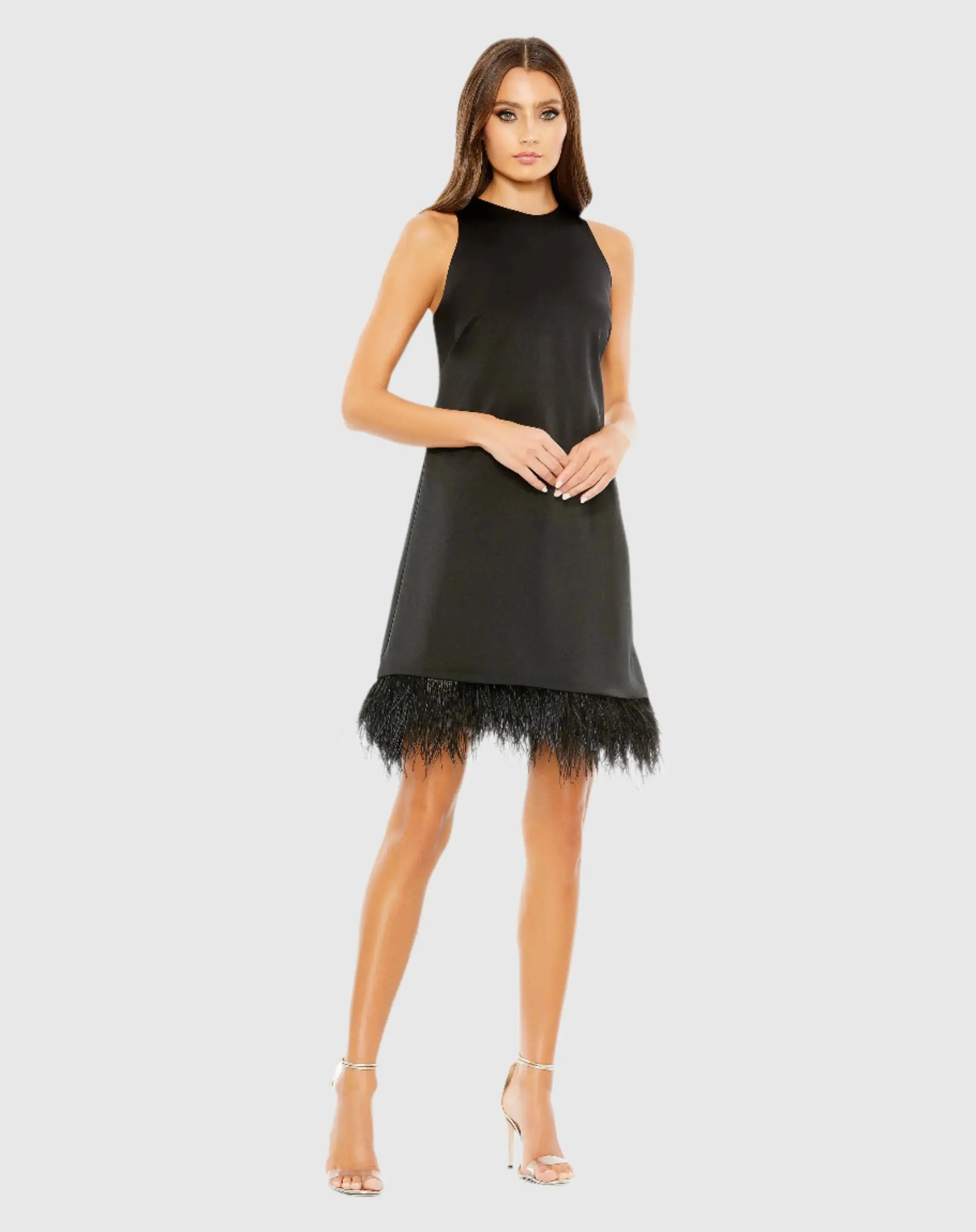 Feathered Hem High Neck Sleeveless A Line Dress